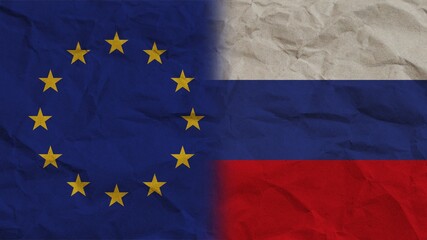 Russia and European Union Flags Together, Crumpled Paper Effect Background 3D Illustration