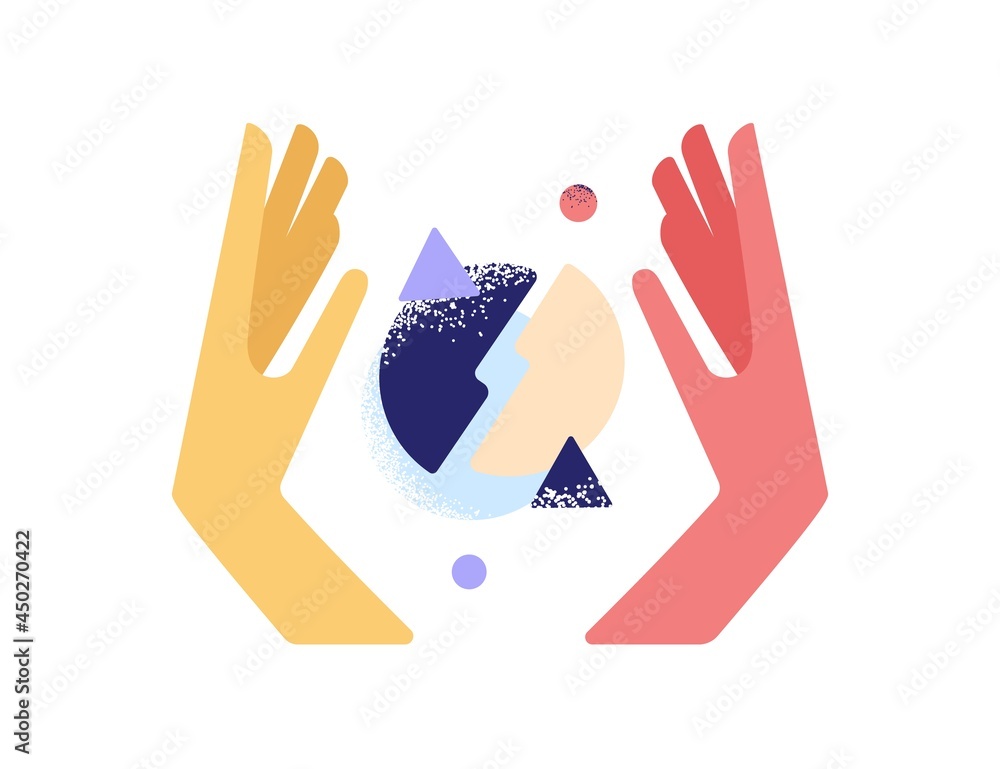 Poster Human hands analyzing data, researching smth. and creating business systems and structures out of abstract geometric figures. Creativity concept. Flat vector illustration isolated on white background
