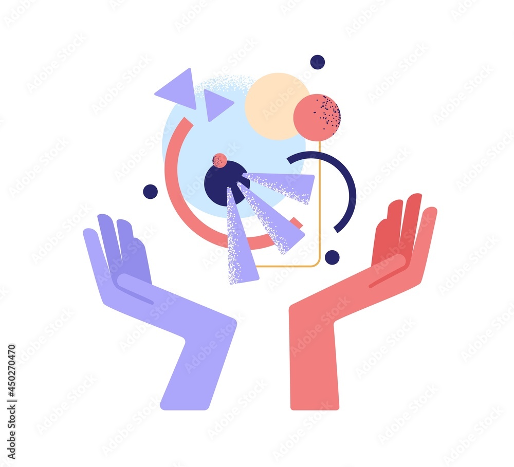 Poster Creativity and innovation concept. Human hands inventing and creating business model from abstract figures. Studying and exploring world. Flat vector illustration isolated on white background
