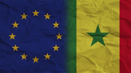 Senegal and European Union Flags Together, Crumpled Paper Effect Background 3D Illustration