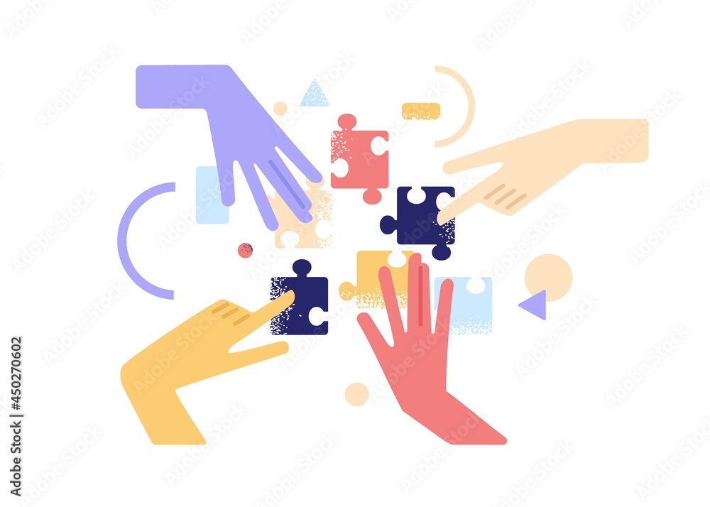 Poster Human hands joining and connecting puzzle pieces together. Teamwork and partnership concept. Business team finding solution and solving problem with jigsaw. Flat vector illustration isolated on white