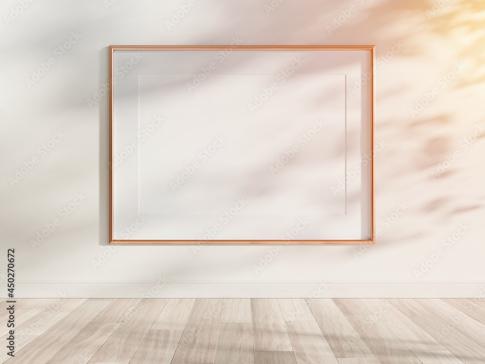 Poster golden frame hanging in bright interior mockup. template of a picture framed on a wall 3d rendering