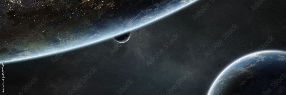 Poster Panoramic space planets background. Panorama of distant solar system with exoplanets 3D rendering elements of this image furnished by NASA