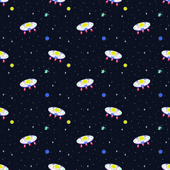 Seamless background from the constellation of the Cosmic Galaxy with a flying saucer (UFO). Can be used for textiles, yoga mat, phone case. Vector.