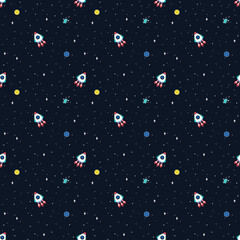 Seamless space pattern. Planets, rockets and stars. Spaceship cartoon icons. Children's items for scrap metal. Children's background. Hand drawn vector illustration.