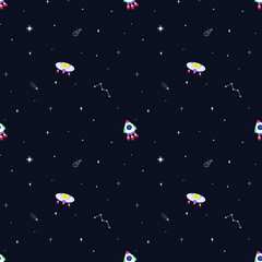 Obraz na płótnie Canvas Seamless pattern of the constellation of the Cosmic Galaxy with a rocket and a flying saucer. Can be used for textiles, yoga mat, phone case. Vector.