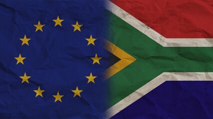 South Africa and European Union Flags Together, Crumpled Paper Effect Background 3D Illustration
