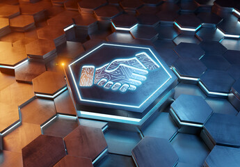 Handshake icon concept engraved on metal hexagonal pedestral background. Partnership logo glowing on abstract digital surface. 3d rendering