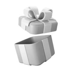 3d gray open gift box with pastel ribbon bow isolated on a white background. 3d render flying modern holiday open surprise box. Realistic vector icon for present, birthday or wedding banners