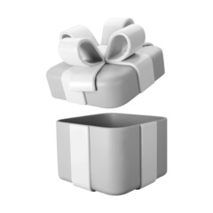 3d gray open gift box with pastel ribbon bow isolated on a white background. 3d render flying modern holiday open surprise box. Realistic vector icon for present, birthday or wedding banners