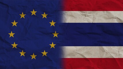 Thailand and European Union Flags Together, Crumpled Paper Effect Background 3D Illustration