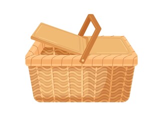 Empty picnic basket with lid and handle. Woven wicker container made from straw. Realistic basketwork. Colored flat vector illustration of wickerwork isolated on white background - obrazy, fototapety, plakaty