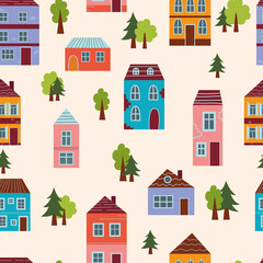 Urban tiny houses with trees isolated on pastel background. Minimalist town, residential city houses landscape vector background illustration. Seamless pattern building. 