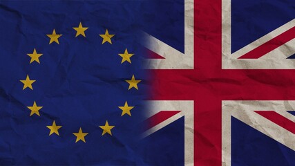 United Kingdom and European Union Flags Together, Crumpled Paper Effect Background 3D Illustration