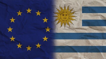 Uruguay and European Union Flags Together, Crumpled Paper Effect Background 3D Illustration