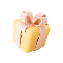 3d orange gift box with pastel ribbon bow isolated on a white background. 3d render flying modern holiday surprise box. Realistic vector icon for present, birthday or wedding banners
