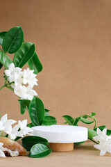 Creative minimal scene natural stones,green leaves and white flowers. cylinder wood podium on beige background. product presentation, mock up, show cosmetic product, Podium, stage pedestal or platform