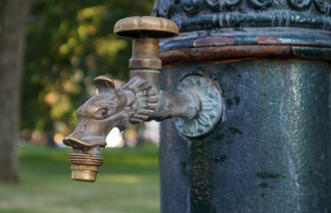 Water well in the park in summer, pumping system, close-up and side view of a beautiful metal bronze faucet. Part of an old iron outdoor tap. Click on the mineral water pump room.