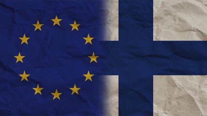 Finland and European Union Flags Together, Crumpled Paper Effect Background 3D Illustration