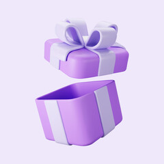 3d purple open gift box with pastel ribbon bow isolated on a light background. 3d render flying modern holiday open surprise box. Realistic vector icon for present, birthday or wedding banners