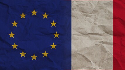 France and European Union Flags Together, Crumpled Paper Effect Background 3D Illustration