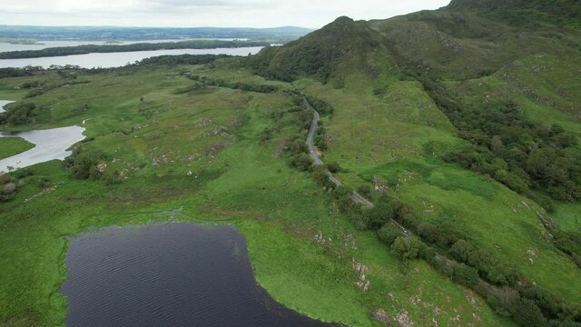 Aerial view of the road near Owengarriff River in the Killarney National Park in county Kerry, Ireland