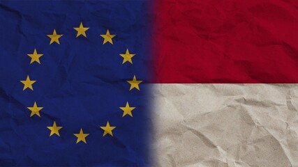 Indonesia and European Union Flags Together, Crumpled Paper Effect Background 3D Illustration