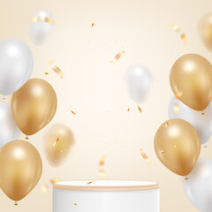 happy birthday background with realistic balloon and golden confetti.