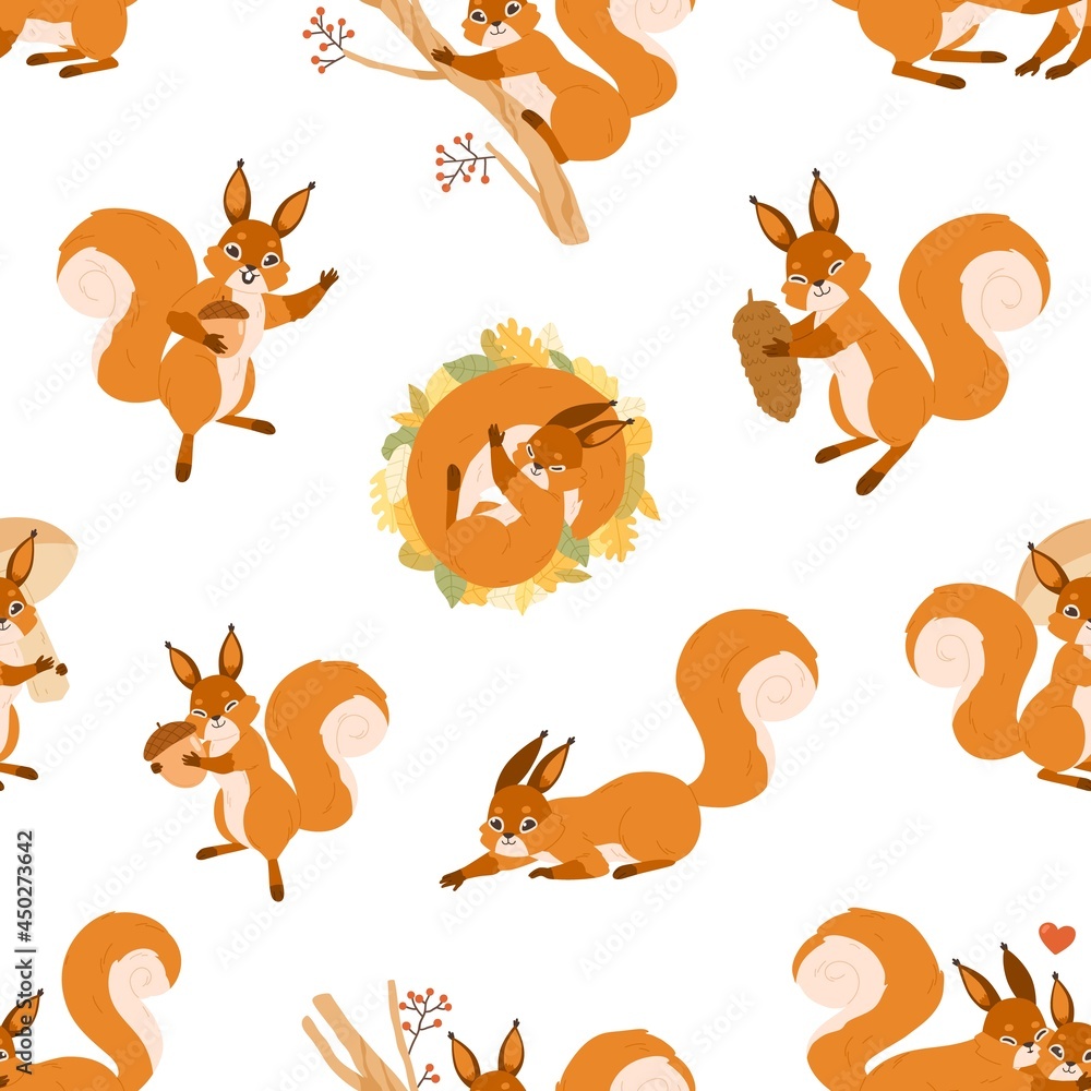 Poster Seamless pattern with cute happy squirrels on white background. Endless repeatable texture with adorable wild animals in autumn. Colored flat vector illustration of printable backdrop with rodents