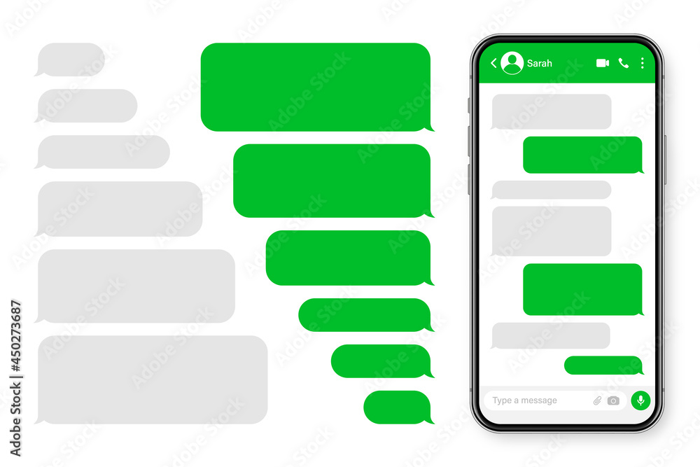 Wall mural realistic smartphone with messaging app. blank sms text frame. conversation chat screen with green m