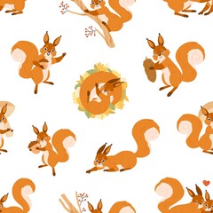 Seamless pattern with cute happy squirrels on white background. Endless repeatable texture with adorable wild animals in autumn. Colored flat vector illustration of printable backdrop with rodents