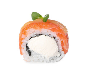 Tasty sushi roll with salmon isolated on white