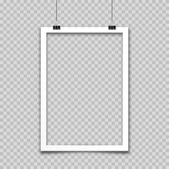 Realistic hanging empty photo card frame, film set. Retro vintage photograph. Digital snapshot image. Template or mockup for design. Vector illustration.