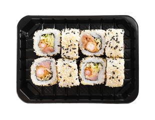 Tasty sushi rolls with shrimps in box on white background, top view