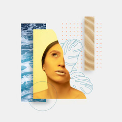 Female face on abstract color summer background. Copyspace to text. Modern design. Art pop collage