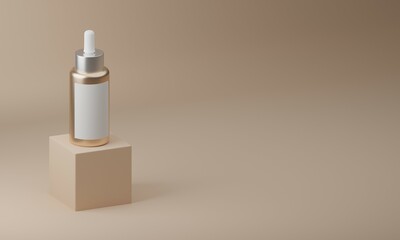 Serum glass bottle with pipette and white label sticker isolated on beige background. Space for text on the right. Mockup cosmetic container. Serum bottle 3d. Face oil bottle. 3d model. Banner. 