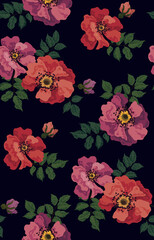 Seamless pattern with blooming rose hips. Large flowers and leaves on a dark background. Colorful flower cover, vector.