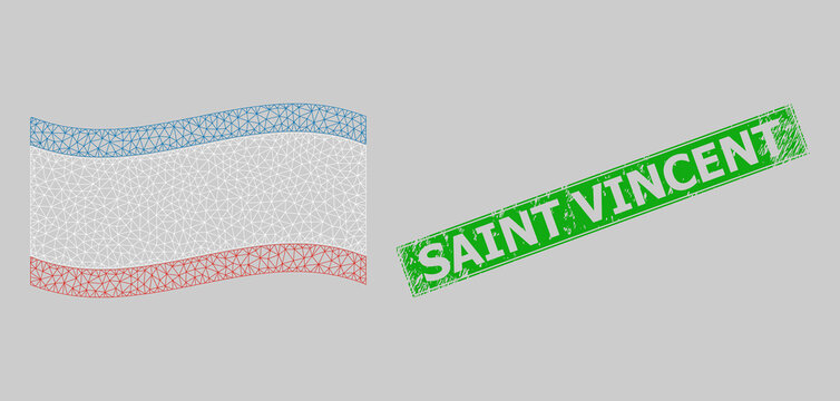 Mesh polygonal waving Crimea flag and scratched Saint Vincent rectangle stamp seal. Abstraction is designed on windy Crimea flag. Green rectangle Saint Vincent distress seal stamp.