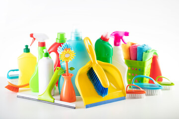 
Summer cleaning. Colorful set of bottles with clining liquids and colorful cleaning kit on white background.
