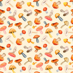 Realistic hand drawn watercolor mushroom seamless pattern. Mushroom background