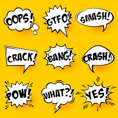 Obraz premium Comic speech bubbles with halftone shadows and text on yellow background. Hand drawn retro cartoon stickers. Pop art style. Vector illustration.