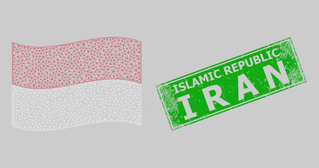 Mesh polygonal waving Indonesia flag and distress Islamic Republic I R a N rectangle seal. Carcass model is designed on waving Indonesia flag.