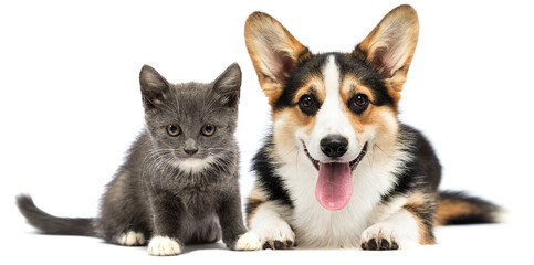 cat and dog look on white background
