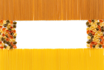 Pasta collection food isolated on white background. Raw pasta assortment at white