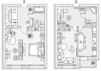 Planning of two storey apartment with arrangement furniture. Architectural drawing of the house (top view). Interior design  floor plan from above. Vector layout