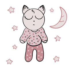 a little kitten goes to bed, a baby kitten goes to bed,a baby kitten sleeps, in a polka-dot jacket and polka-dot pants, with a moon that smiles and sleeps, and flower stars