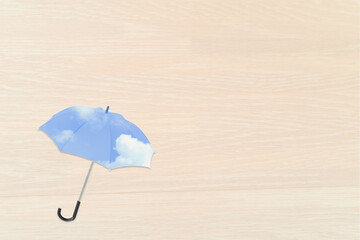 木目調板の背景に青空を映した傘/アンブレラ/タイトルバック/文字入れスペース