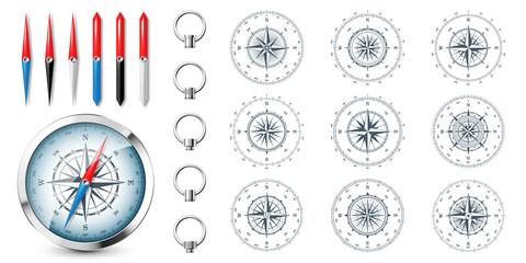 Realistic silver vintage compass with marine wind rose and cardinal directions of North, East, South, West. Shiny metal navigational compass. Cartography and navigation. Vector illustration. © 32 pixels