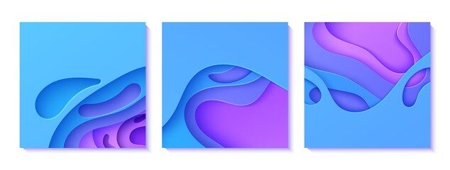 Set of neon wavy flyers in paper cut style. Collection of 3d abstract banners with cut out waves. Blue and violet color gradient cards with holes. Vector cover with origami smooth geometric shapes