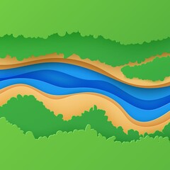 Obraz premium Top view landscape in paper cut style. 3d background aerial view with river green forest canopy and land. Vector papercut card illustration of creative concept idea environment conservation and nature